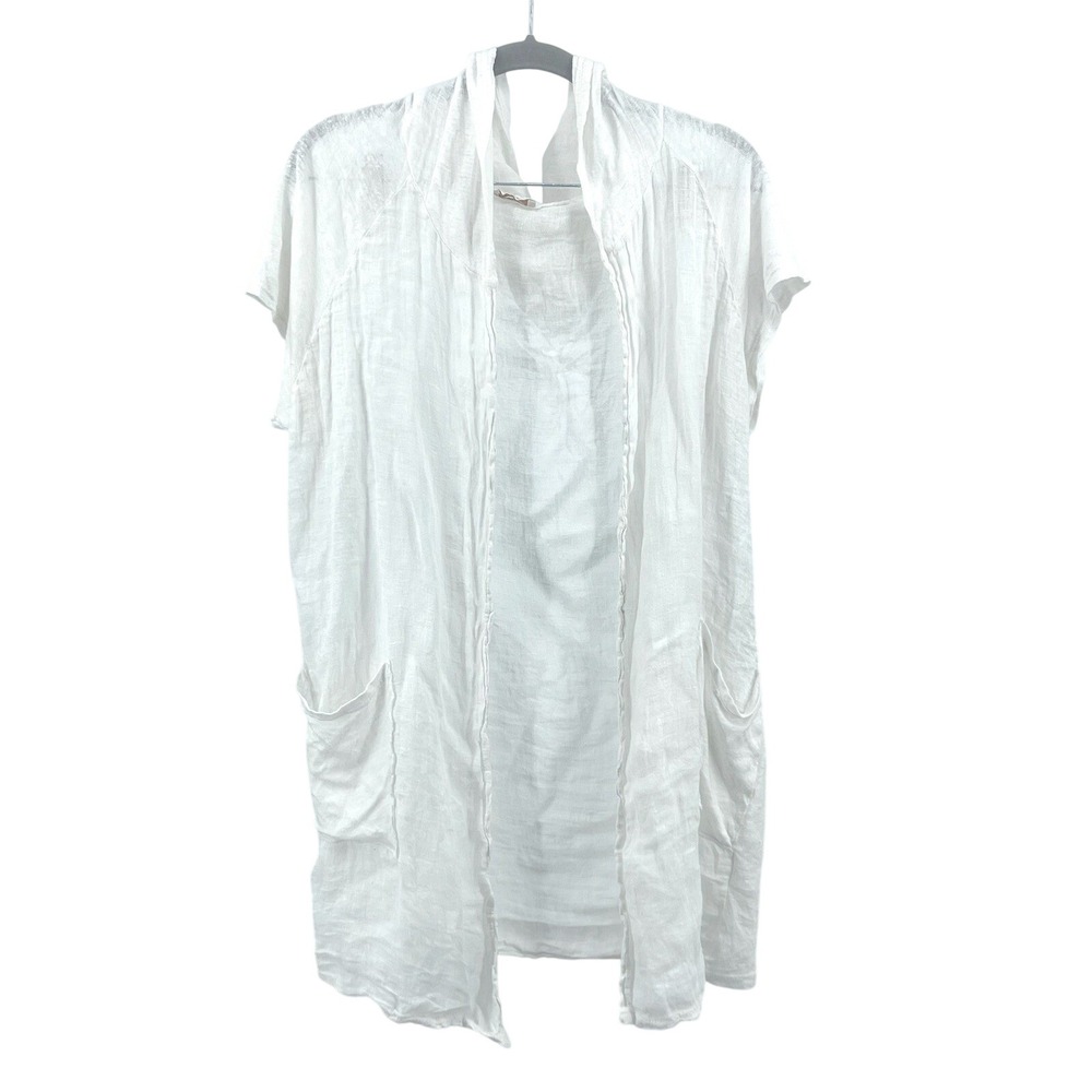 Suzy D London Hooded Cardigan Womens S/M White Linen Open Front Pockets Italy